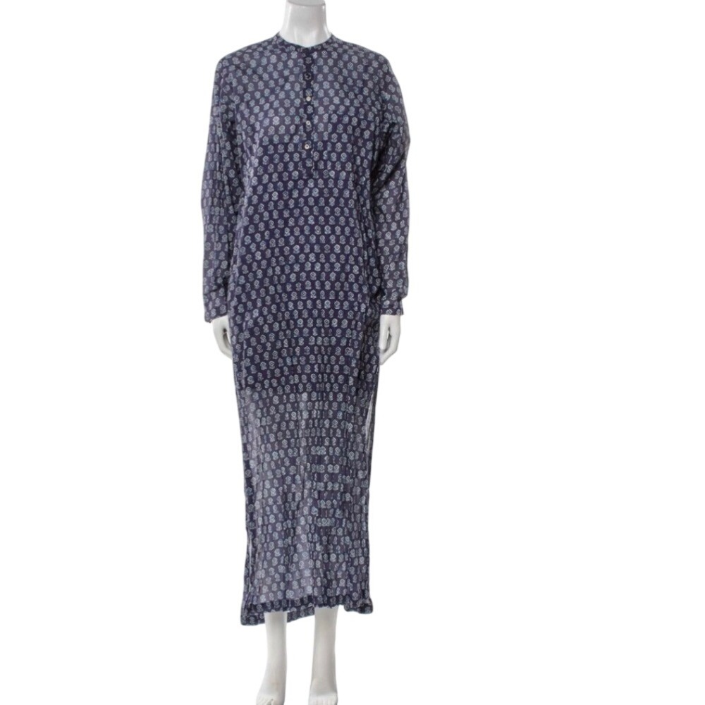 DOEN Floral Block Print Maxi Dress Medium Gauzy Long Sleeve Cotton India Boho